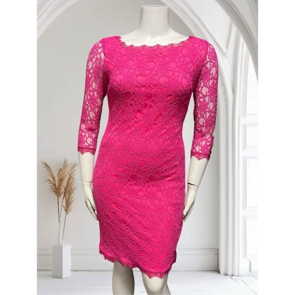 Joseph Ribkoff‎ Pink Lace Barbie Core Long Sheer Sleeves Knee Length Dress Sz 12